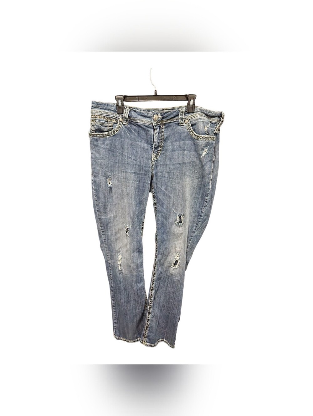 Y2k Silver Jeans Suki Flap Baby Boot Size 20/L33 Sequins Distressed Western Flaw